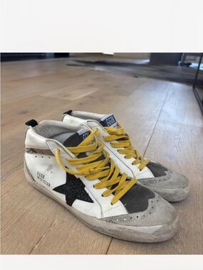 Golden Goose White Leather Mid-Top Sneakers with Black Star and Yellow Laces